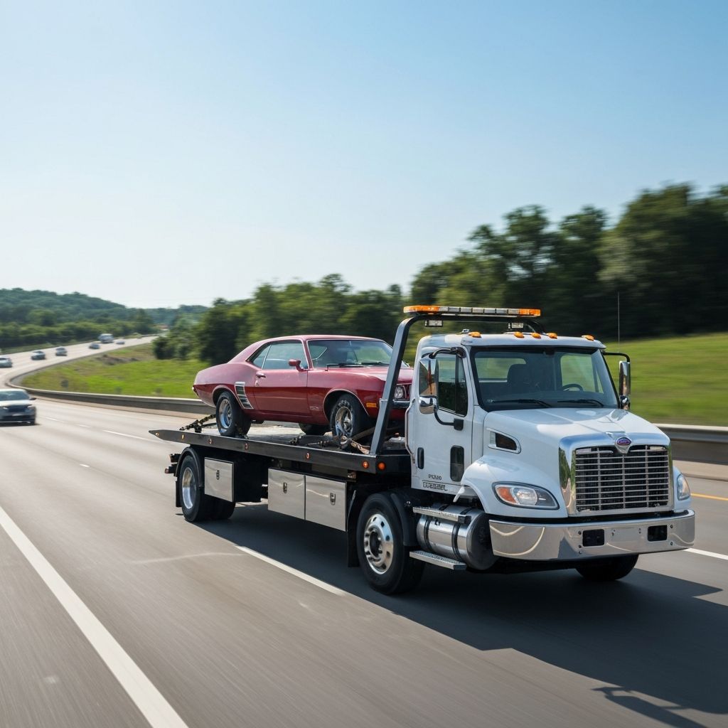 Professional emergency towing service with flatbed tow truck